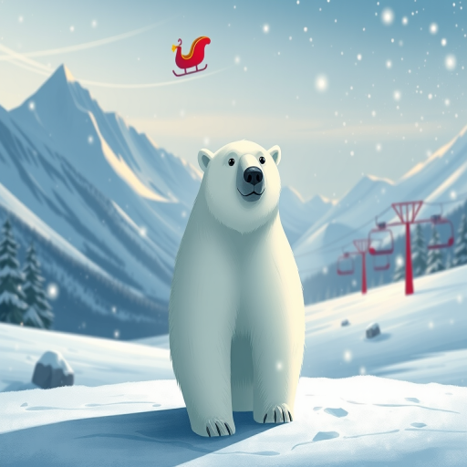 Create an illustration of a polar bear standing in a snowy landscape with mountains in the background, featuring ski lifts, a light snowfall, and Santa's sleigh in the sky, captured with a DSLR camera at 50mm f/1.8, ISO 100, with a shallow depth of field for a soft background effect.