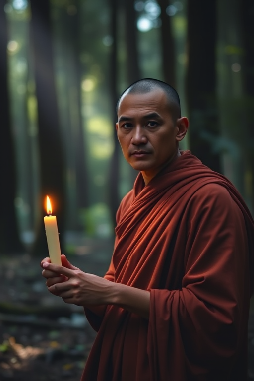 Create an image of a serene monk in a deep forest setting, holding a candle, captured with a Canon EOS R5, 50mm lens, f/1.2 aperture, ISO 100, and a soft focused background, utilizing natural sunlight for a warm, ethereal glow.