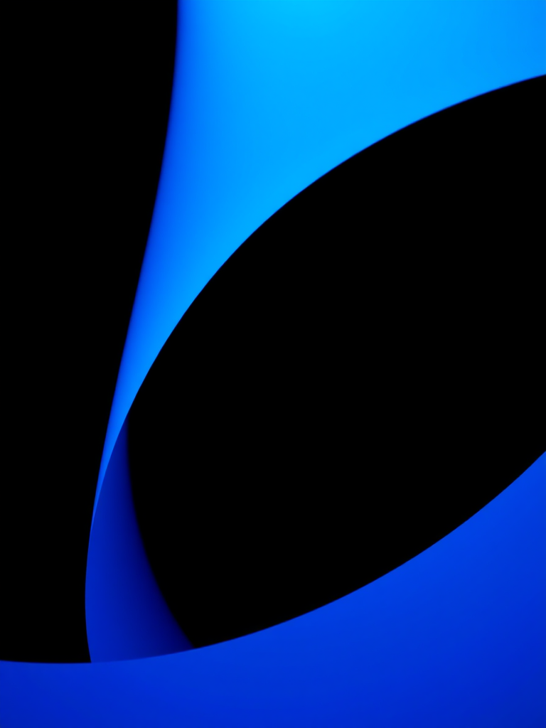 Generate a high-quality abstract image with smooth curves and gradients, using a Canon EOS R5 camera, 50mm lens, aperture set to f/1.8, shutter speed at 1/125 sec, ISO 100, focused on a minimalistic design with vibrant blue hues and a dark background, ensuring a soft bokeh effect.