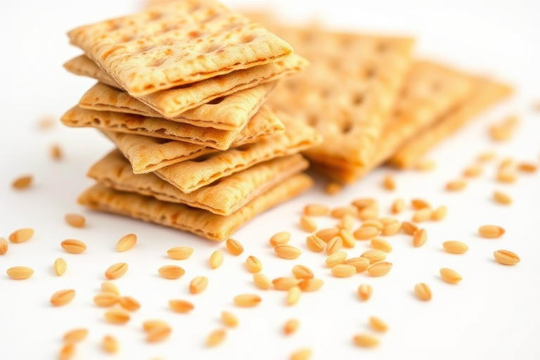 generate a close-up image of a stack and scattered whole grain crackers on a white background with natural lighting, f/2.8 aperture, ISO 100, 50mm lens, macro photography style