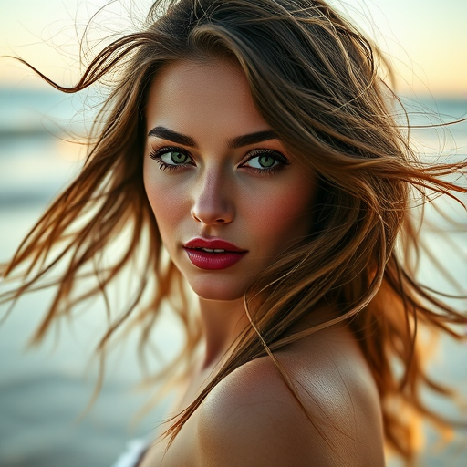 Create a hyper-realistic portrait of a woman with flowing hair and striking green eyes standing on a beach, using a Canon EOS R5 camera, 50mm lens, f/1.8 aperture, 1/200s shutter speed, and soft natural lighting to enhance the image quality and details.
