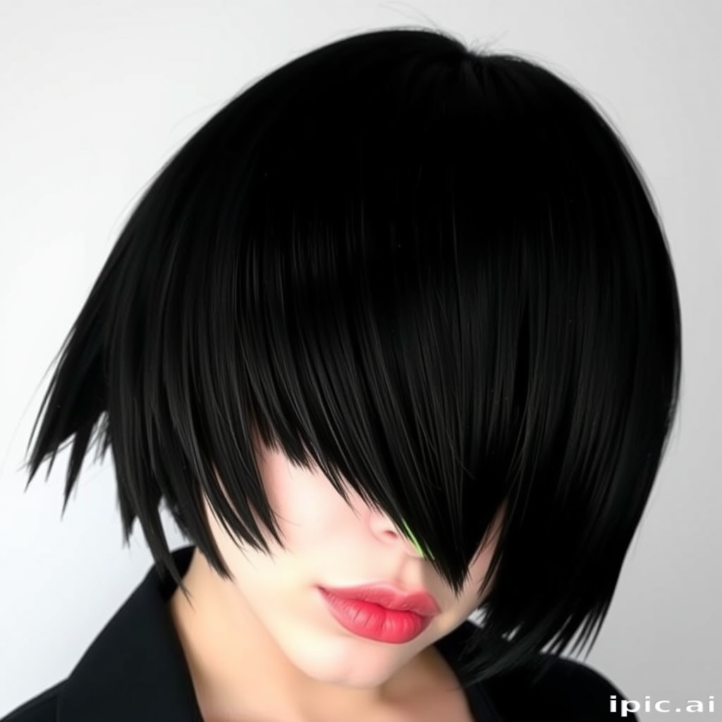 Dramatic jet black bob with razor-sharp edges and a single neon green streak framing the face, creating an eye-catching contrast in the edgy "Emerald Noir" style