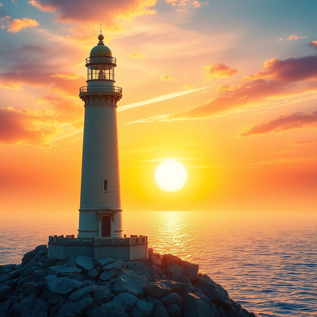 Generate an image of a tall lighthouse perched on a rocky outcrop surrounded by calm ocean waters during a breathtaking sunset. The lighthouse stands sturdy and weathered, its stone surface illuminated by the warm golden light of the setting sun. The sun's rays pass directly through the glass lantern room at the top of the lighthouse, casting a brilliant light across the scene. The sky is painted with vibrant shades of orange, pink, and purple, reflecting off the tranquil sea. The surrounding water shimmers with the same warm hues, creating a serene and majestic atmosphere.