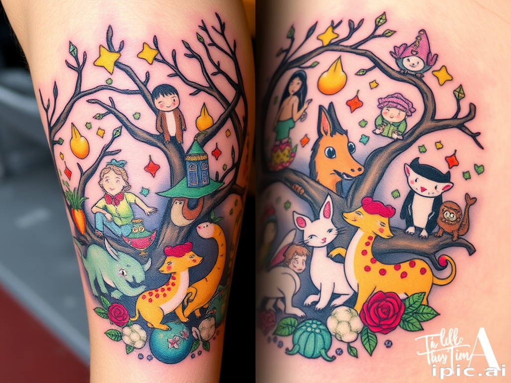 Illustrative tattoo titled "Fairytale Menagerie" portraying a whimsical collection of storybook characters and mythical creatures intertwined in a enchanted forest scene with soft color gradients