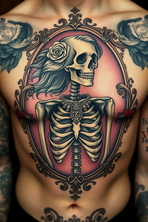 Macabre Victorian-inspired cameo tattoo portraying a skeleton adorned with ornate jewelry and flowing hair, framed by intricate filigree work, nestled in the center of the chest