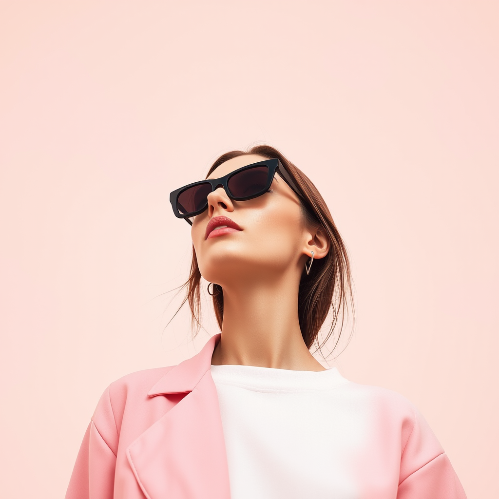create a minimalist line art portrait of a woman with sunglasses, soft pastel colors in the background, captured in natural light with a Canon EOS R5, 50mm lens, f/1.8, ISO 100, shot from a slightly low angle for dramatic effect