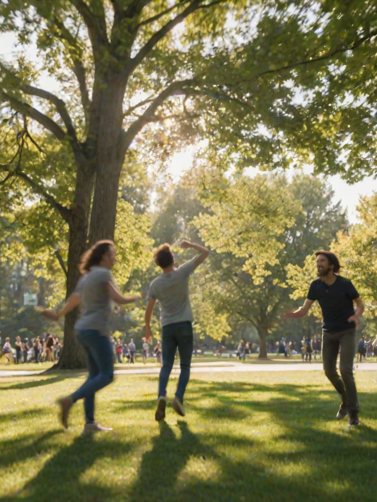 Blurry, candid photo of a group of friends playing frisbee in a park, laughter frozen in the moment, sunlight filtering through the trees, shadows stretching across the grass, a soft breeze rustling the leaves, the distant sound of birds chirping.