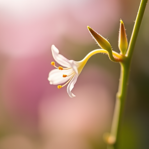 Close-up of a delicate flower on a stem, soft focus background, natural lighting, aperture f/2.8, ISO 100, macro lens, DSLR camera, shallow depth of field.