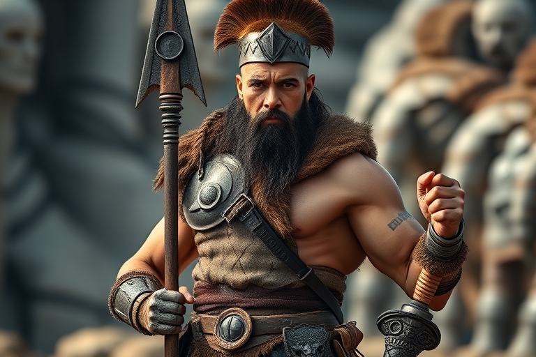 Generate a high-resolution image of a muscular warrior standing confidently, holding a spear, wearing rugged armor, captured with a Canon EOS R5, 50mm lens, f/1.8 aperture, ISO 100, in soft natural light with a shallow depth of field, emphasizing the warrior's details and textures.