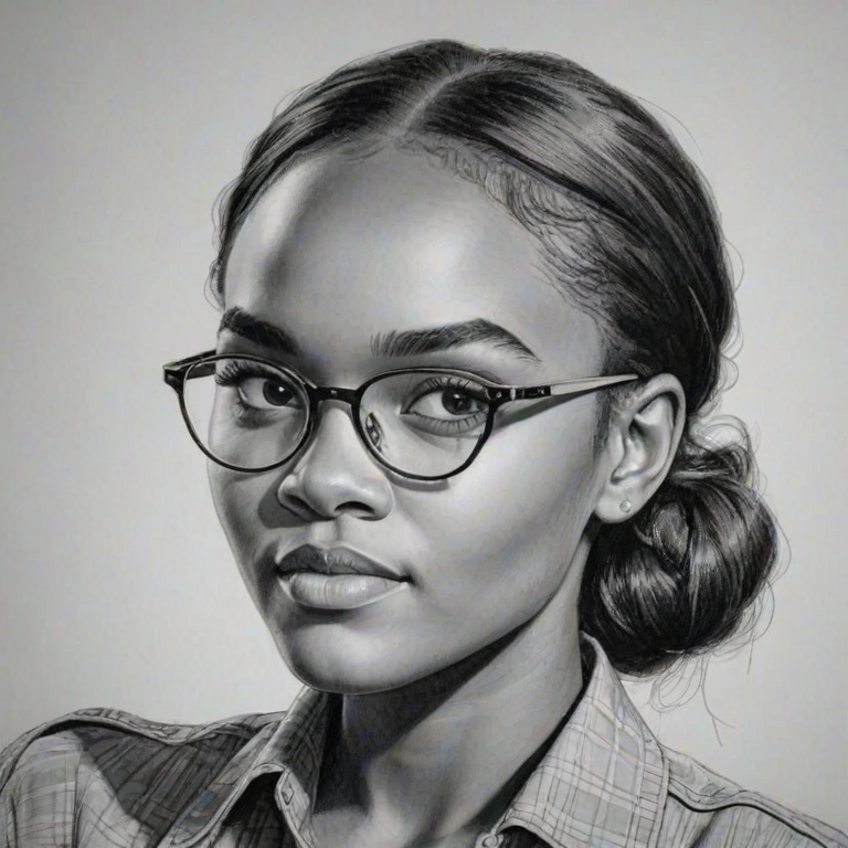 Dazzling China Anne McClain, pencil sketch, portrait of Radiant woman 1953s in glasses, hair style beatnik, outline, clear lines, fine lines, 8k