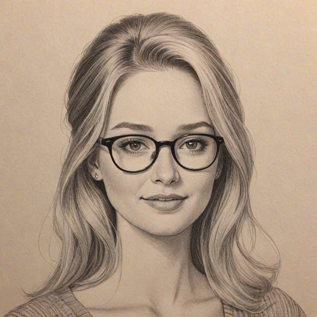 Wonderful Greer Grammer, pencil sketch, portrait of Beauteous woman 1964s in glasses, hair style beatnik, outline, clear lines, fine lines, 8k