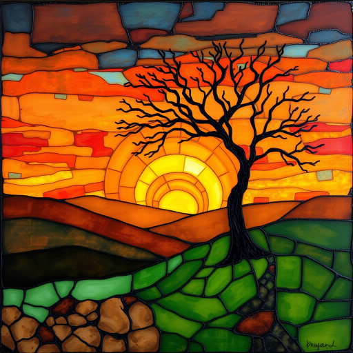 A vibrant abstract painting on Tiffany Glass, blending acrylic and alcohol ink techniques, captures a dramatic sunset over rolling hills. The artwork features a textured, rocky foreground in green and brown, layered abstract hills, and a striking sunset in rich oranges, yellows, and reds. A solitary black tree with intricate branches contrasts against the fiery sky, creating a dynamic and expressive portrayal of a breathtaking natural scene.