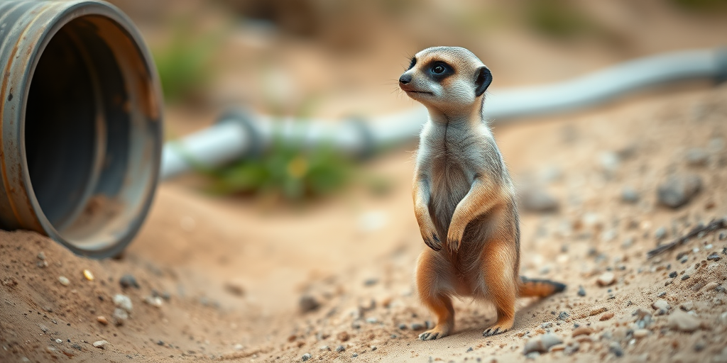 meerkat standing on sandy ground next to a pipe, natural habitat, shallow depth of field, ISO 200, f/4.0, 1/500 sec, daylight, macro lens, DSLR camera
