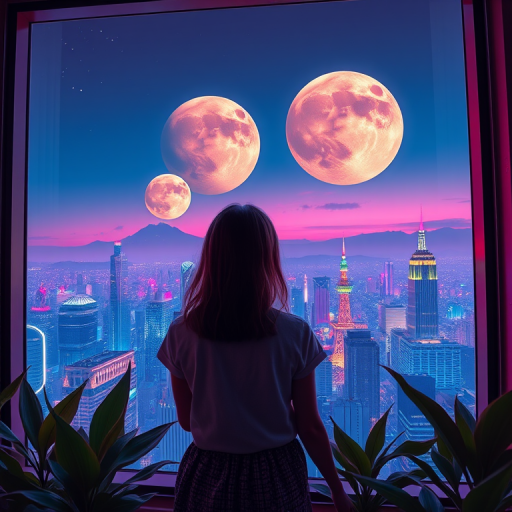 Regenerate an image of a girl looking out a futuristic window at a vibrant cityscape with two large moons in the sky, incorporating neon colors and lush plants in the foreground, using a Canon EOS R5 with a 24mm f/1.4 lens at ISO 100, aperture f/1.8, 1/60 sec shutter speed, in a panoramic view, with a focus on high detail and vibrant colors.