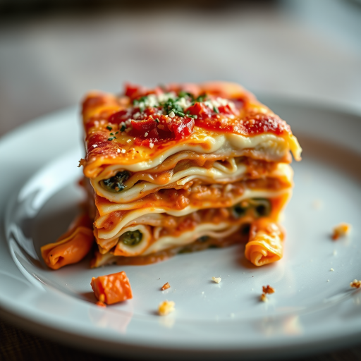 Generate a high-resolution illustration of a slice of lasagna with detailed layers and toppings, using a Canon EOS 5D Mark IV, f/2.8 aperture, 50mm lens, natural light, macro view to enhance texture and detail.