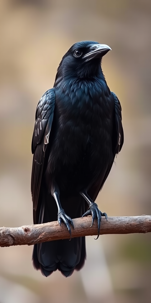 Create a detailed portrait of a raven perched on a branch, using a Canon EOS R5 with a 50mm f/1.2 lens, aperture set to f/2.8, shutter speed 1/200s, ISO 200, with natural lighting and a shallow depth of field to emphasize the bird against a soft-focus background.