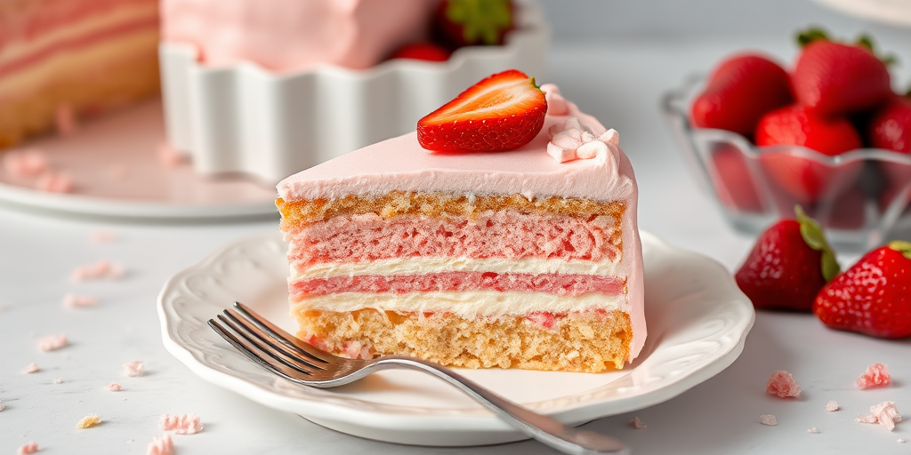 A slice of cake on a decorative white plate with a fork beside it the cake has pink and white layers and is topped with pink frosting a bowl of fresh strawberries is in the background along with some crushed cake crumbs scattered around