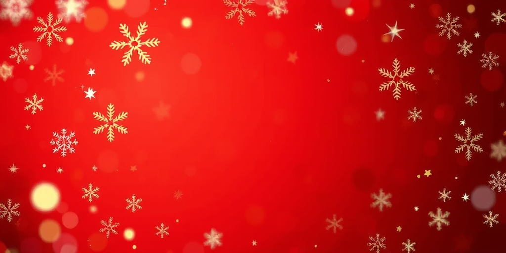 Create a festive background featuring a rich red color with various golden and white snowflakes scattered throughout. Include sparkling stars and subtle bokeh effects to enhance the holiday atmosphere. Ensure the center of the image is clear for text or additional elements.
