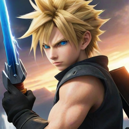 masterpiece, best quality, cloud strife, final fantasy, 1boy, blonde hair, blue eyes, holding weapon, buster sword, fighting stance, solo, outdoors, aiming at viewer, foreshortening, epic, aura,