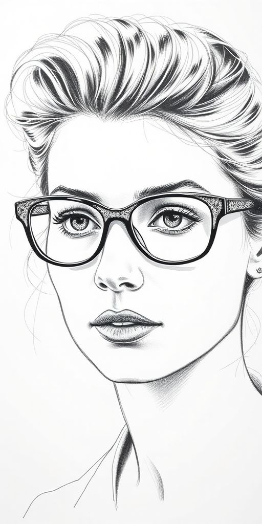 Beautiful Rosamund Pike, pencil sketch, portrait of beautiful woman 60s in glasses, hair style beatnik, outline, clear lines, fine lines, 8k