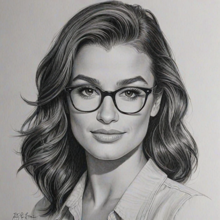 Ravishing Lea Michele, pencil sketch, portrait of Alluring woman 1939s in glasses, hair style beatnik, outline, clear lines, fine lines, 8k