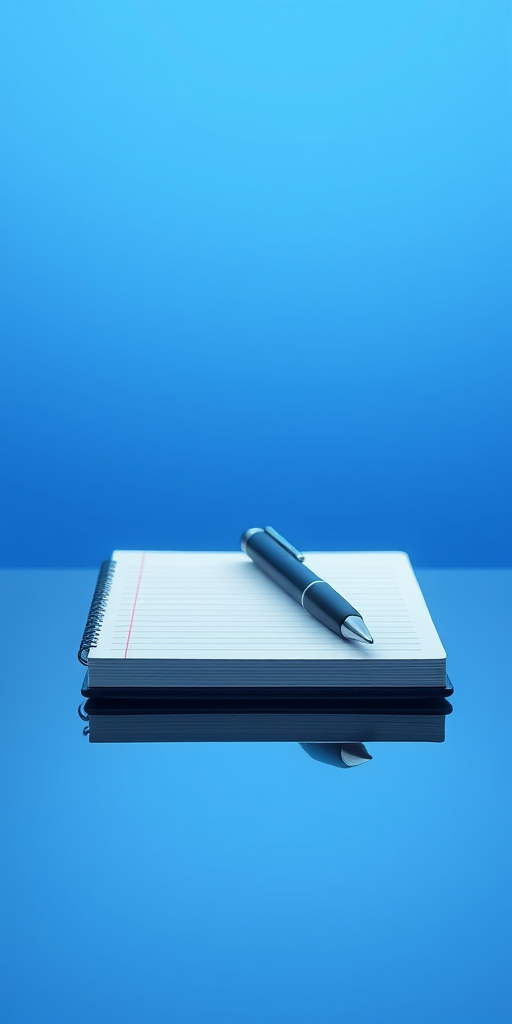 create a digital illustration of a notepad with a pen on a reflective surface, using a DSLR camera at f/2.8 aperture, 50mm lens, ISO 100, in soft lighting with a shallow depth of field to emphasize the notepad and pen against a gradient blue background