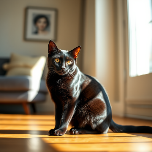 Create an image of a sleek, modern black cat sitting gracefully in a sunlit room, captured with a Canon EOS R5 at f/1.8, ISO 100, shutter speed 1/200s, in a natural light style, with a depth of field focus on the cat's face.