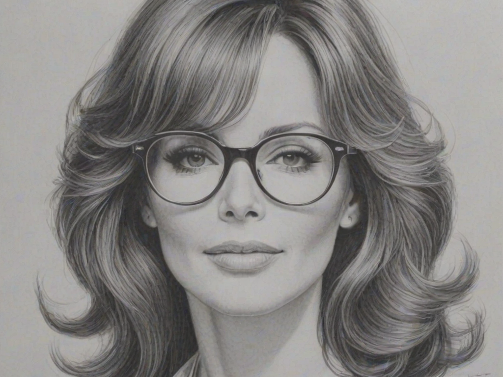 Pleasing Jaclyn Smith, pencil sketch, portrait of Stunning woman 1964s in glasses, hair style beatnik, outline, clear lines, fine lines, 8k