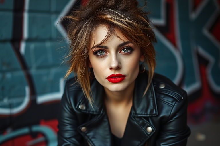 portrait of a woman with tousled hair and bold red lips wearing a black leather jacket sitting in front of a graffiti wall, DSLR camera, 50mm lens, f/1.8 aperture, ISO 100, natural light, shallow depth of field