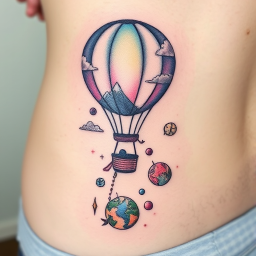 Illustrative tattoo titled "Whimsical Wanderlust" depicting a fantastical hot air balloon journey through dreamlike landscapes, with miniature worlds suspended in bubbles trailing behind, combining fine linework with soft, pastel watercolor effects, perfect for ribcage or thigh placement