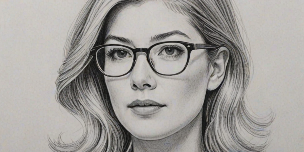 Dazzling Rosamund Pike, pencil sketch, portrait of Dazzling woman 1960s in glasses, hair style beatnik, outline, clear lines, fine lines, 8k