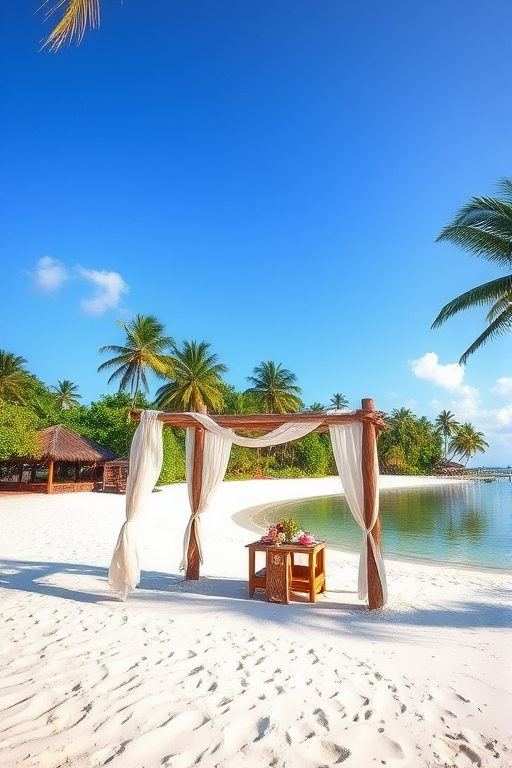 Create a picturesque tropical beach scene featuring a serene, white sandy shore. In the foreground, there's a rustic wooden canopy with white drapes gently flowing in the breeze. Underneath the canopy, a table is set with tropical decor, evoking a sense of relaxation and leisure. The beach extends into a calm, shallow water area with reflections of the sky and surroundings. Palm trees and lush greenery line the edge of the beach, providing a natural, tropical backdrop. The sky is clear with a few scattered clouds, and the overall atmosphere is tranquil and inviting, perfect for a peaceful retreat.