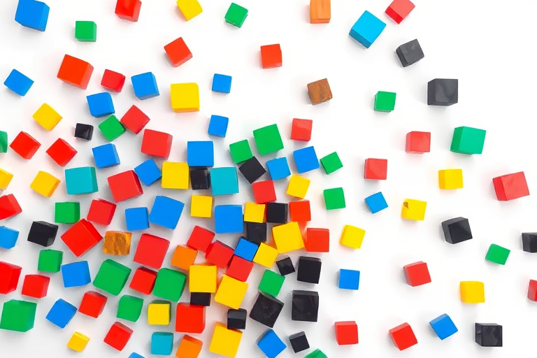 create a vibrant abstract pattern of scattered 3D cubes in red, blue, green, yellow, and black on a white background with high resolution, shot with a DSLR camera, 50mm lens, aperture f/1.8, ISO 100, with a top-down view style to enhance depth and clarity