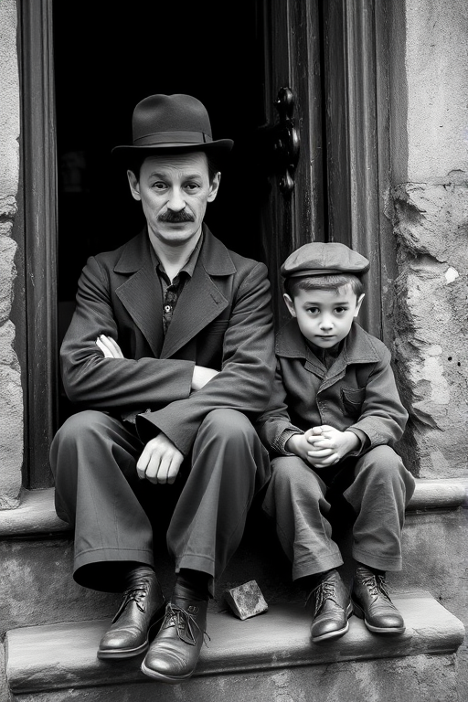 A black-and-white photograph of a man and a child sitting on steps in front of a doorway. The man is dressed as a tramp with a bowler hat, mustache, and ragged clothes, reminiscent of Charlie Chaplin's iconic look. He is sitting with his arms crossed and an expression of slight sadness or frustration. Next to him is a young boy, also in worn clothes and a cap, sitting with his hands clasped, looking thoughtful. The background is an old, textured wall and a partially open door, creating a vintage, early 20th-century atmosphere.