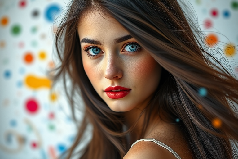 Generate a portrait of a young woman with long, flowing dark hair and captivating blue eyes, surrounded by an abstract splash of colors, using a Canon EOS R5 with a 50mm f/1.2 lens, natural lighting for soft shadows, and a shallow depth of field to enhance focus on the subject.
