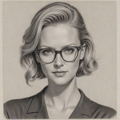 Wonderful A.J. Cook, pencil sketch, portrait of Dazzling woman 1949s in glasses, hair style beatnik, outline, clear lines, fine lines, 8k