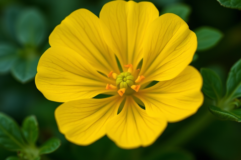 Close-up of a vibrant yellow nasturtium flower surrounded by green leaves, captured with a DSLR camera at f/2.8 aperture, 50mm lens, ISO 100, natural lighting, shallow depth of field, macro photography style.