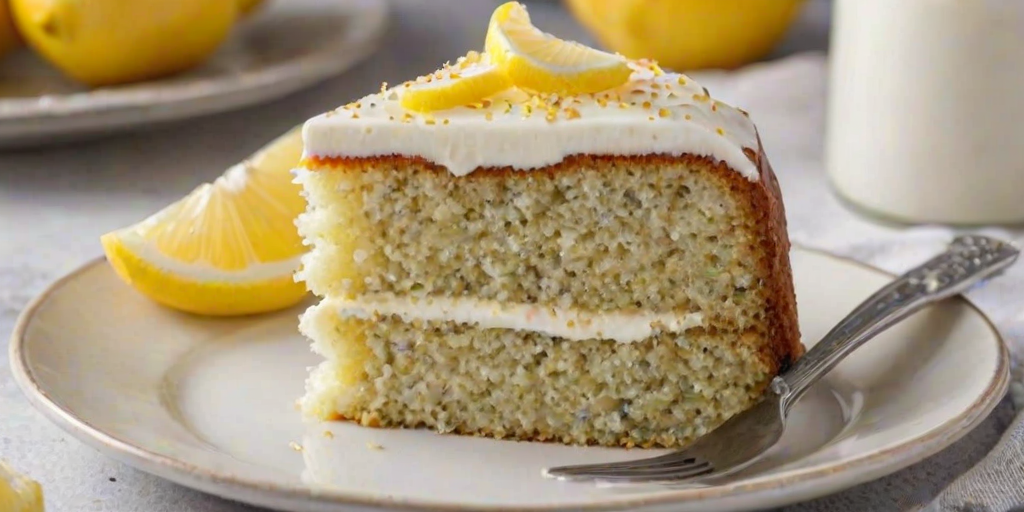 Generate an image of a slice of lemon poppy seed cake on a white plate. The cake has a creamy frosting on top and is garnished with lemon zest. A fork is placed next to the cake, with a small piece of the cake cut out and on the plate. The background should be simple and light to keep the focus on the cake.