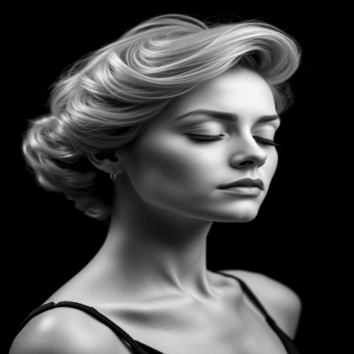 Generate a high-contrast black and white portrait of a woman with a vintage hairstyle and closed eyes against a solid black background, captured with a DSLR camera at f/2.8, ISO 100, 50mm lens, soft focus technique, and studio lighting for enhanced details.