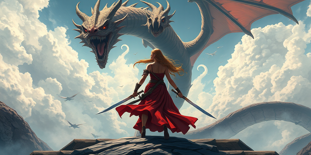create a high-resolution fantasy illustration of a fierce female warrior in a flowing red dress standing in a dramatic pose with dual swords, facing a massive serpent-like dragon with ominous eyes and an open mouth in a dynamic sky filled with clouds, using a DSLR camera with a 50mm lens, f/1.8 aperture, ISO 200, and a low-angle perspective to enhance the depth and drama of the scene.