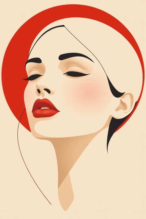 create a minimalist portrait of a woman with a geometric face, bold red circle in the background, soft muted colors, flat design style