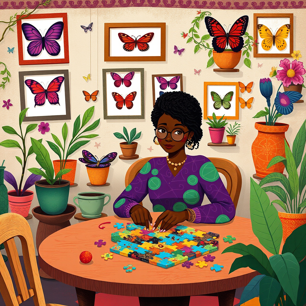 A vibrant and whimsical illustration of an african american woman sitting at a table working on a colorful jigsaw puzzle. she is wearing round glasses, and patterned clothing in shades of purple and green.  The background features an eclectic collection of framed butterflies, potted plants, and other natural elements, creating a warm and inviting atmosphere. The style is playful and modern, with rich textures, intricate details, and a lively color palette.