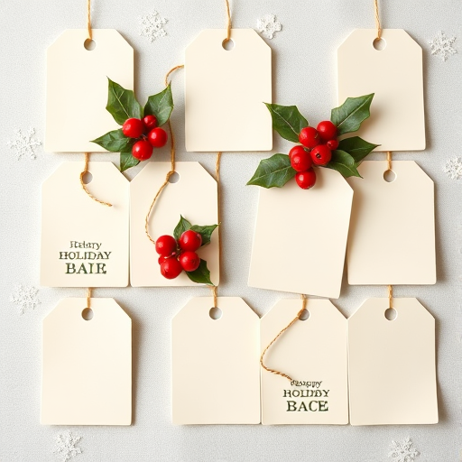 Generate a set of ten holiday gift tags with a light green and cream color palette, featuring red berries and holly leaves, soft focus background with snowflakes, using a DSLR camera at f/4, ISO 100, 50mm lens, in natural light for a warm and festive feel.