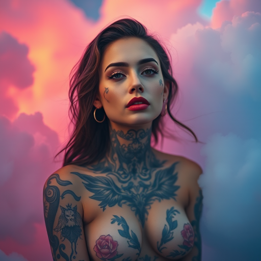 Create a portrait of a woman with intricate body tattoos, surrounded by colorful cosmic clouds, soft focus, shot with a Canon EOS R5 at f/1.8, ISO 100, 50mm lens, using a shallow depth of field for a dreamy effect.