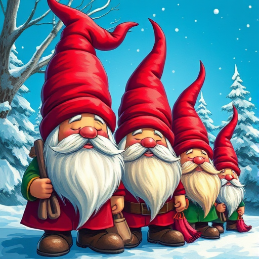 Create an illustration of colorful gnomes with long beards wearing bright red hats, carrying bags, set against a vibrant blue background with snowy trees, using a 50mm lens, f/2.8 aperture, shot from a slightly elevated angle with soft lighting, in a digital painting style.