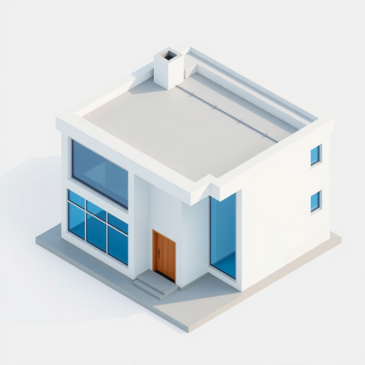 regenerate an isometric view of a modern, minimalist house with a flat roof, featuring large blue windows and a wooden door, using a Canon EOS R5 with a 24-70mm f/2.8 lens, at f/8, ISO 100, with soft natural lighting for even exposure.
