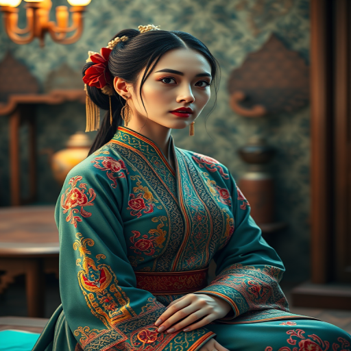 A beautiful Circassian woman in traditional East Asian attire, intricately detailed with embroidered patterns, sitting gracefully in a richly decorated room, soft ambient lighting, serene and elegant, ultra-realistic, 8K resolution