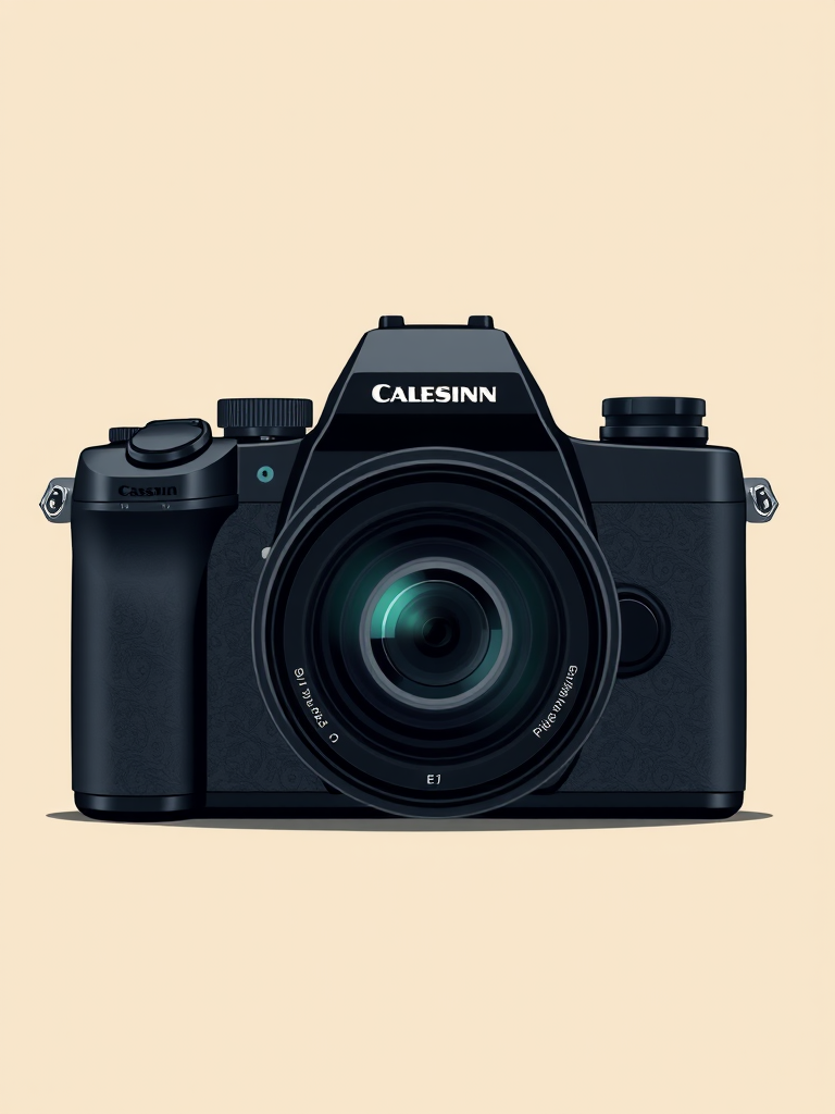 Create a high-resolution vector illustration of a modern camera with a 12mm-40mm lens, featuring a sleek black design, centered on a minimalist beige background, shot from a head-on view using a DSLR camera style, with an aperture of f/2.8 to enhance focus depth and clarity.
