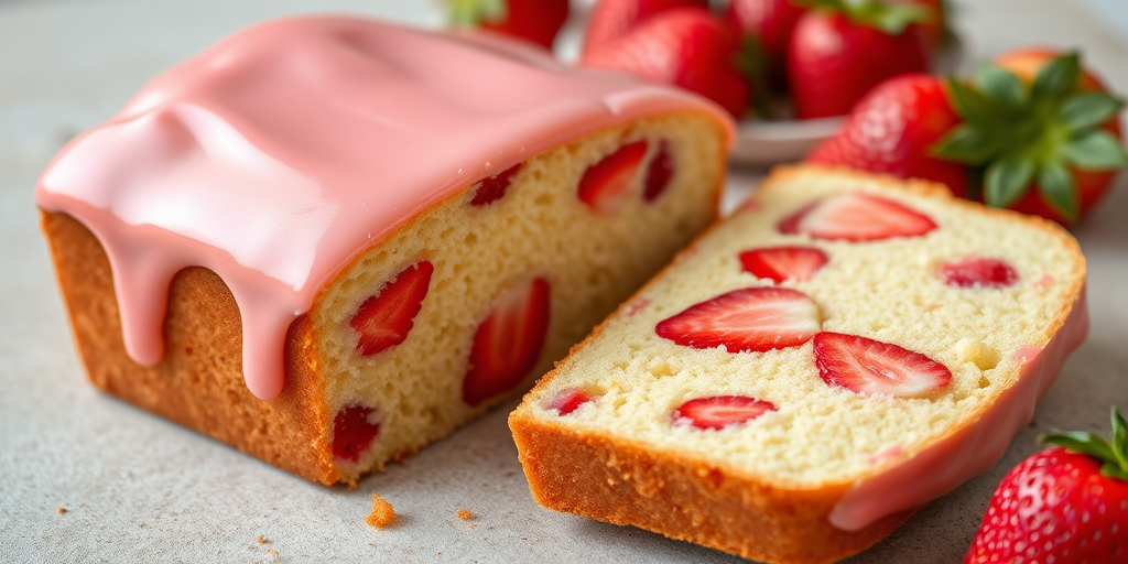 Create an image of a sliced loaf cake with a light yellow sponge and visible pieces of strawberries inside the cake. The top of the cake is glazed with a shiny pink icing, and the slices are arranged on a textured surface with some whole strawberries in the background. The setting should evoke a fresh and inviting dessert scene.