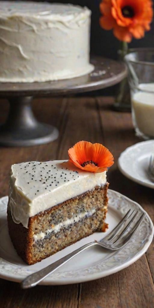 Create an image of a slice of moist poppy seed cake topped with a generous layer of creamy frosting. The cake should be displayed on a rustic wooden surface with a soft, textured cloth in the background. The lighting should be soft and inviting, highlighting the cake's texture and the frosting's smoothness.